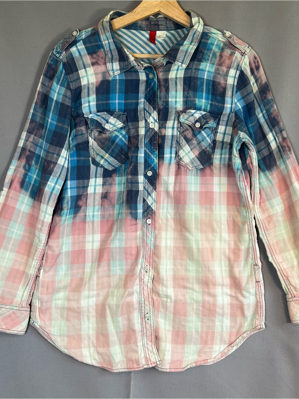 Womens sz10 Hand Tie Dye Bleach Dye Ombre Plaid Button-Down Shirt — Pink & Blue